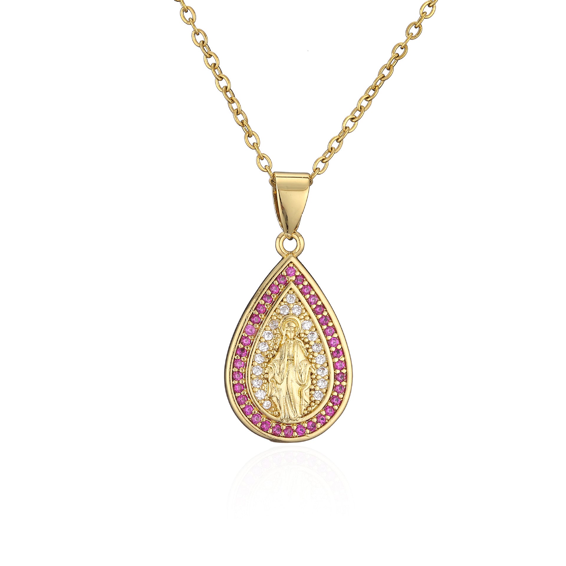 Wholesale Copper Micro-paved Colored Diamond Drop Shaped Virgin Mary Necklace